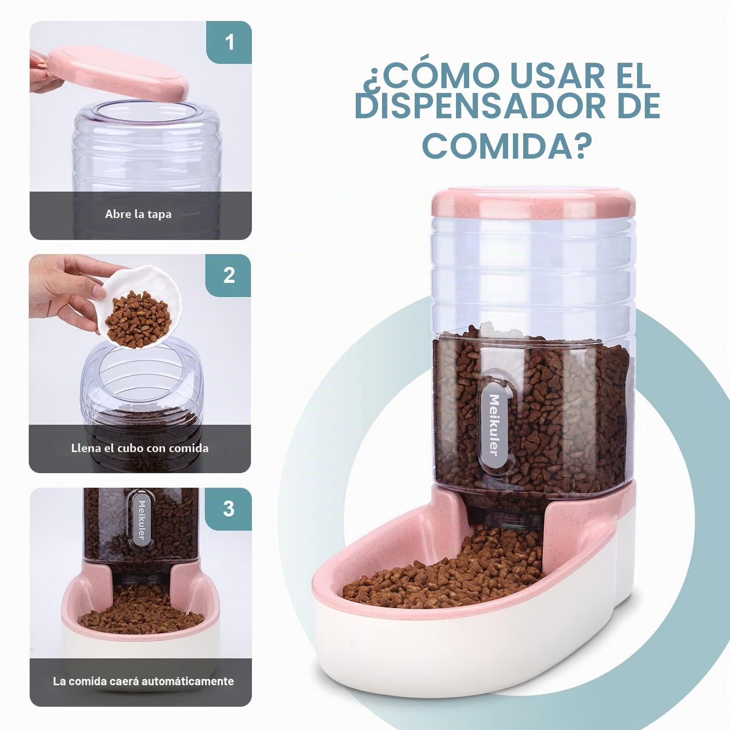 Alimentación automática 3.8l con Pala, dispensador de Agua Potable 3.8l dispensador automático de Alimentos Secos estación de alimentación para Perros, Gatos y Mascotas (Rosa)