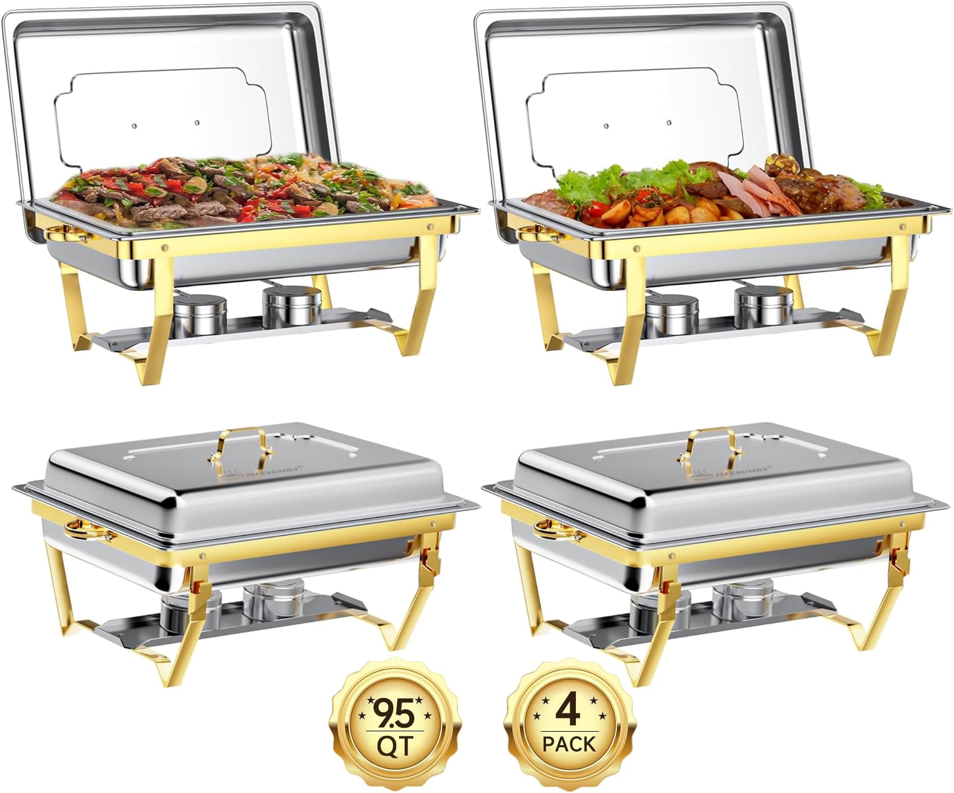 IMXSUMDA Chafing Dish Buffet Set, 9.5 QT Sturdy and High Grade Stainless Steel Chafing Dishes for Buffet 4 Pack,Rolled-Edge Design with Gold and Silver Catering Chafer Warmer Set for Parties Wedding