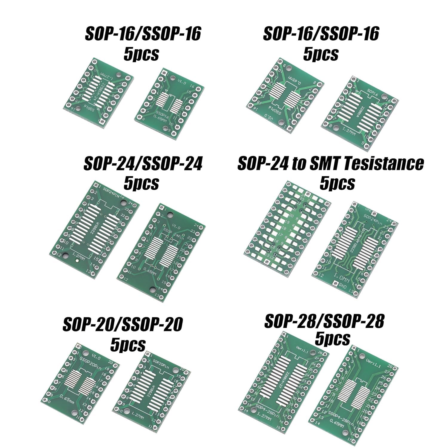 Harrisen 70 pezzi 12 tipi SMD a DIP Adapter PCB Board Kit SOP8 SOP10 DFN10 SOP14 SOP16 SOP20 SOP24 SOP28 SOP89/SOT223 SMT 0402/0603/0805 SOP24 con 10 54 mm. Adattatore