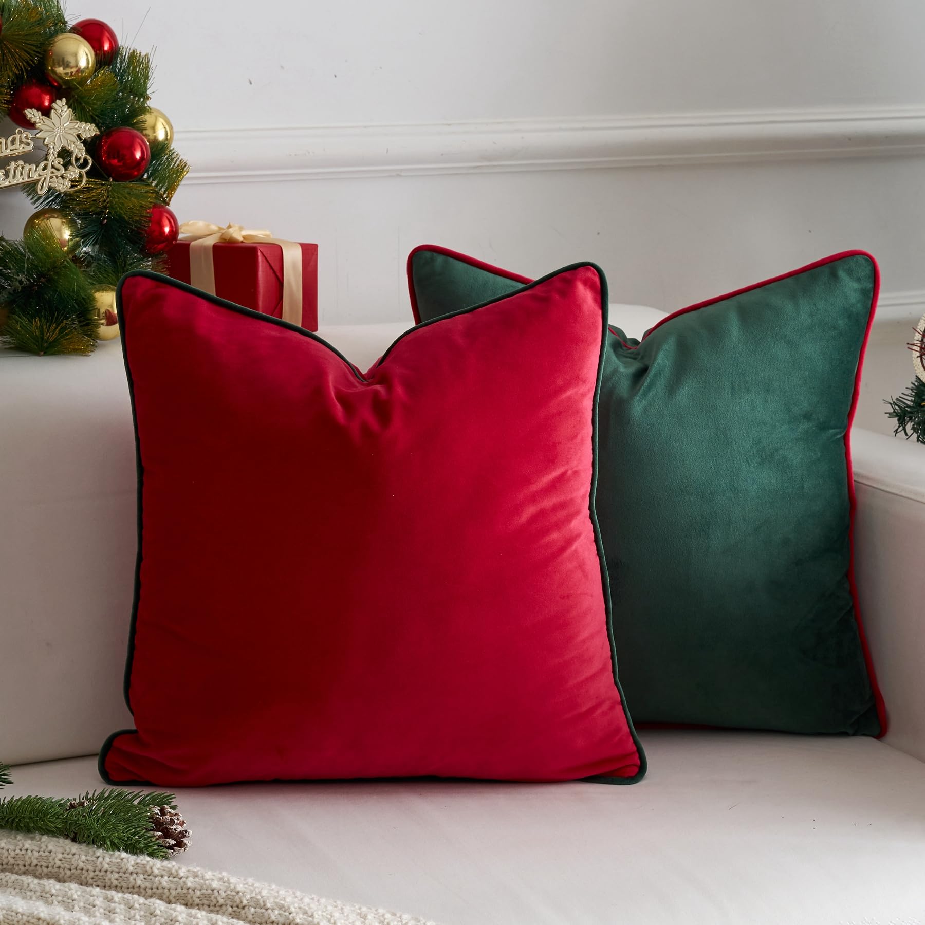 LIGICKY Set of 2 Dark Green Velvet Throw Pillow Covers Modern Minimalist Style Solid Decorative Red Rope Edging Soft Square Cushion Cases for Sofa Bedroom Party Christmas Décor - Image 3
