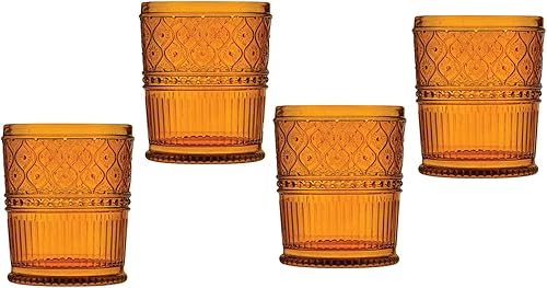Godinger Vasos de whisky Old Fashioned - Colección Claro, tazas de bebida de decoración vintage para agua, cócteles, 12 onzas, ámbar, juego de 4