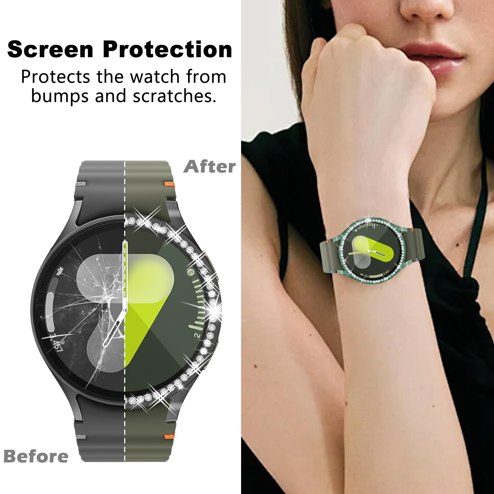 Bling Displayschutzfolie für Samsung Galaxy-Smartwatch 7, 44 mm, Glitzer-Hülle, TPU, weich, vollständiger Schutz mit glitzernden Strasssteinen, für Galaxy-Smartwatch 7, 44 mm (SM-L310), 10