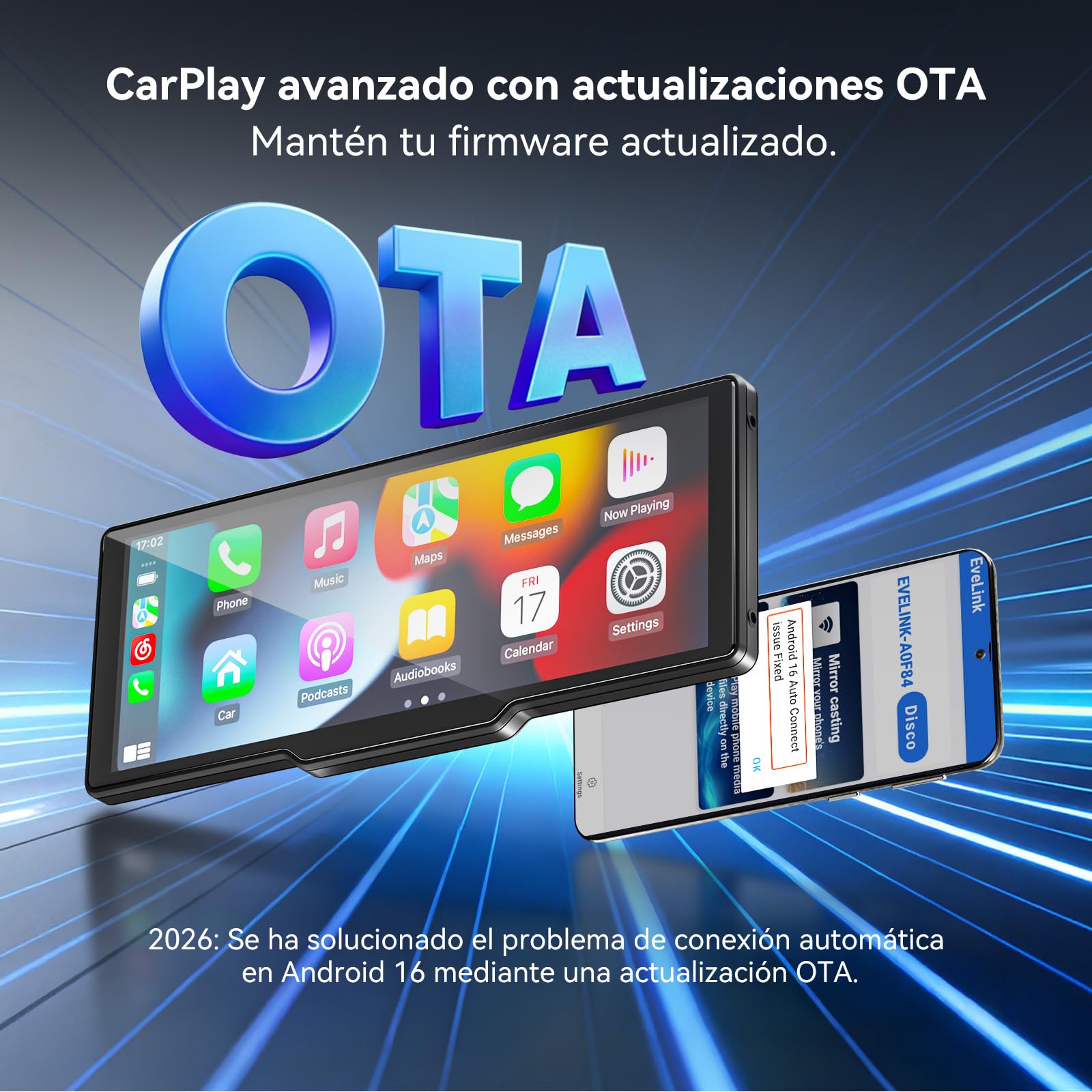 Pantalla Carplay Coche para A-pple & Android Auto, 10,26" Carplay Coche con Pantalla táctil, Cámara Trasera 1080p, OTA-Updates, Bluetooth, GPS, Super Link, FM, AUX, Siri de Voz