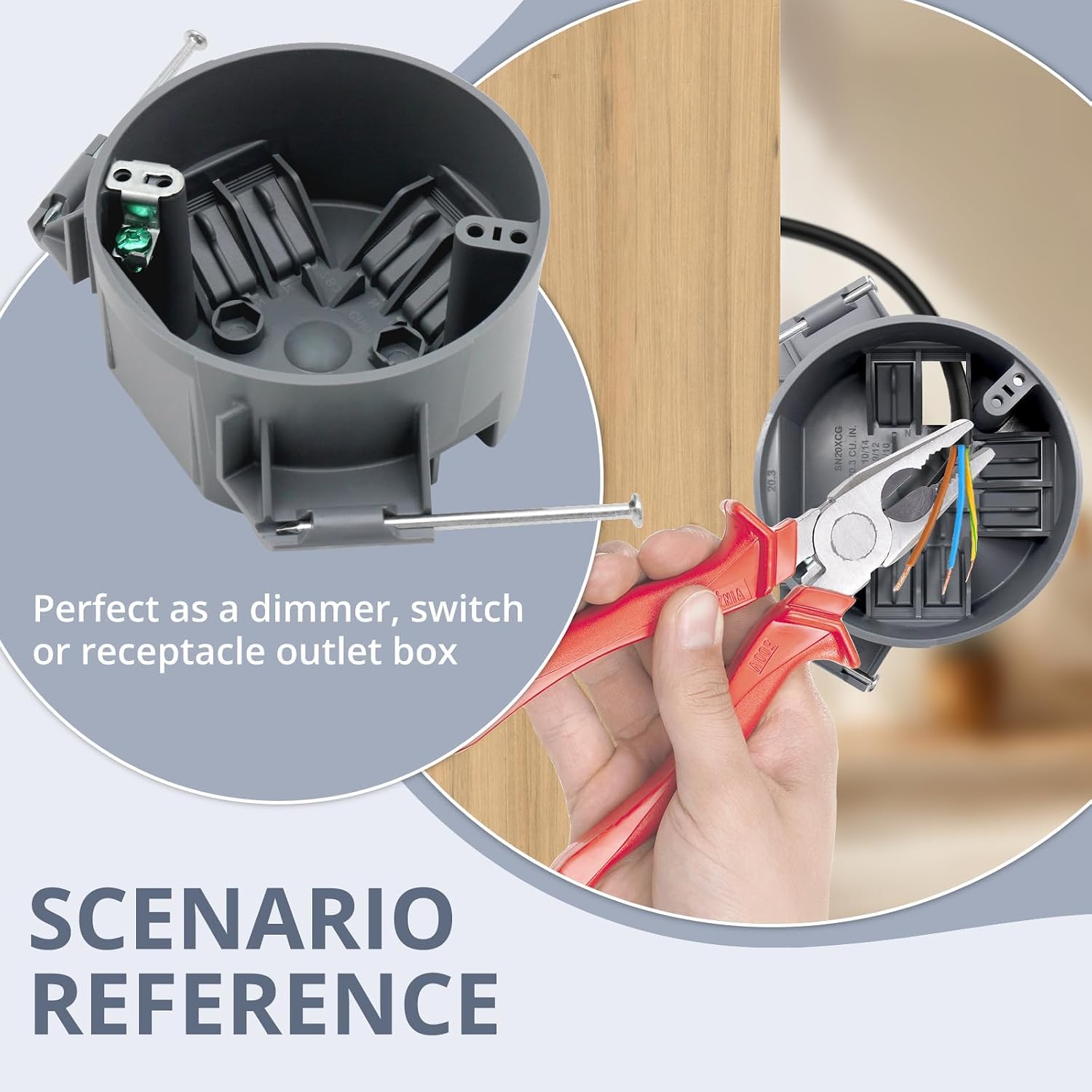 4 in. Round PVC New Work Electrical Box, 20 cu in, ETL, 3-Pack | PVC round box with 2-hour fire rating, ETL Listed; for wall or ceiling lights, non-metallic cable, pre-installed nails.