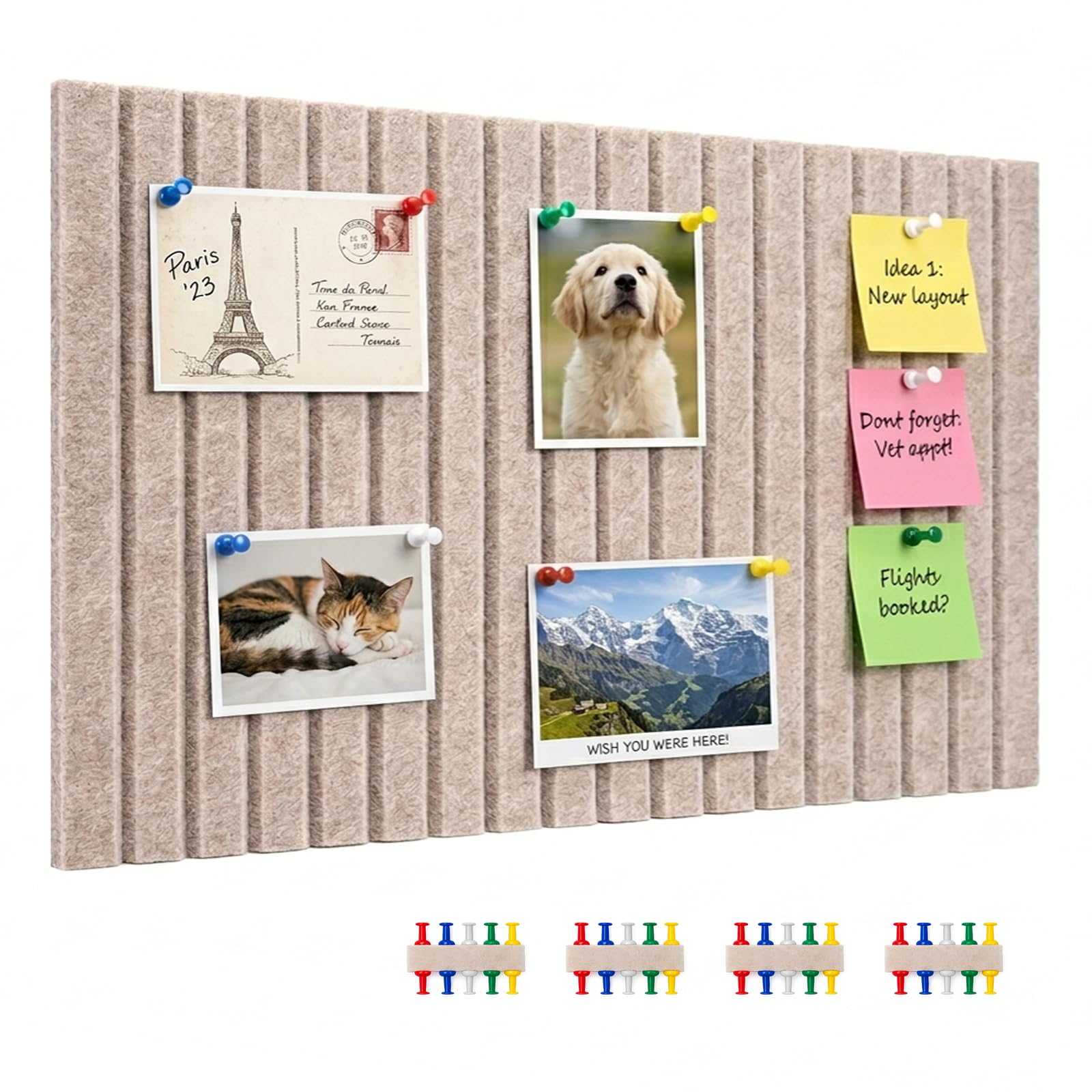 OWLKELA 60 x 40cm Cork Board, 9mm Thick Decorative Felt Board with 35 Push Pins, Foldable Pin Boards with Adhesive Sticker, Bulletin Board for Office, Classroom or Bedroom Walls, Camel
