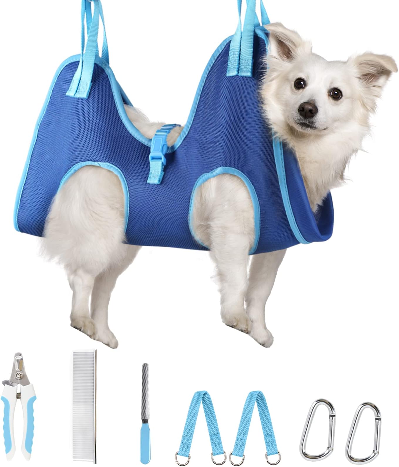 Supet Dog Grooming Hammock for Dog and Cat, Relaxation Pet Grooming Sling Helper, Breathable Pet Grooming Hammock for Nail Trimming, Ear/Eye Car with Nail Clippers/Trimmers/Scissors Blue