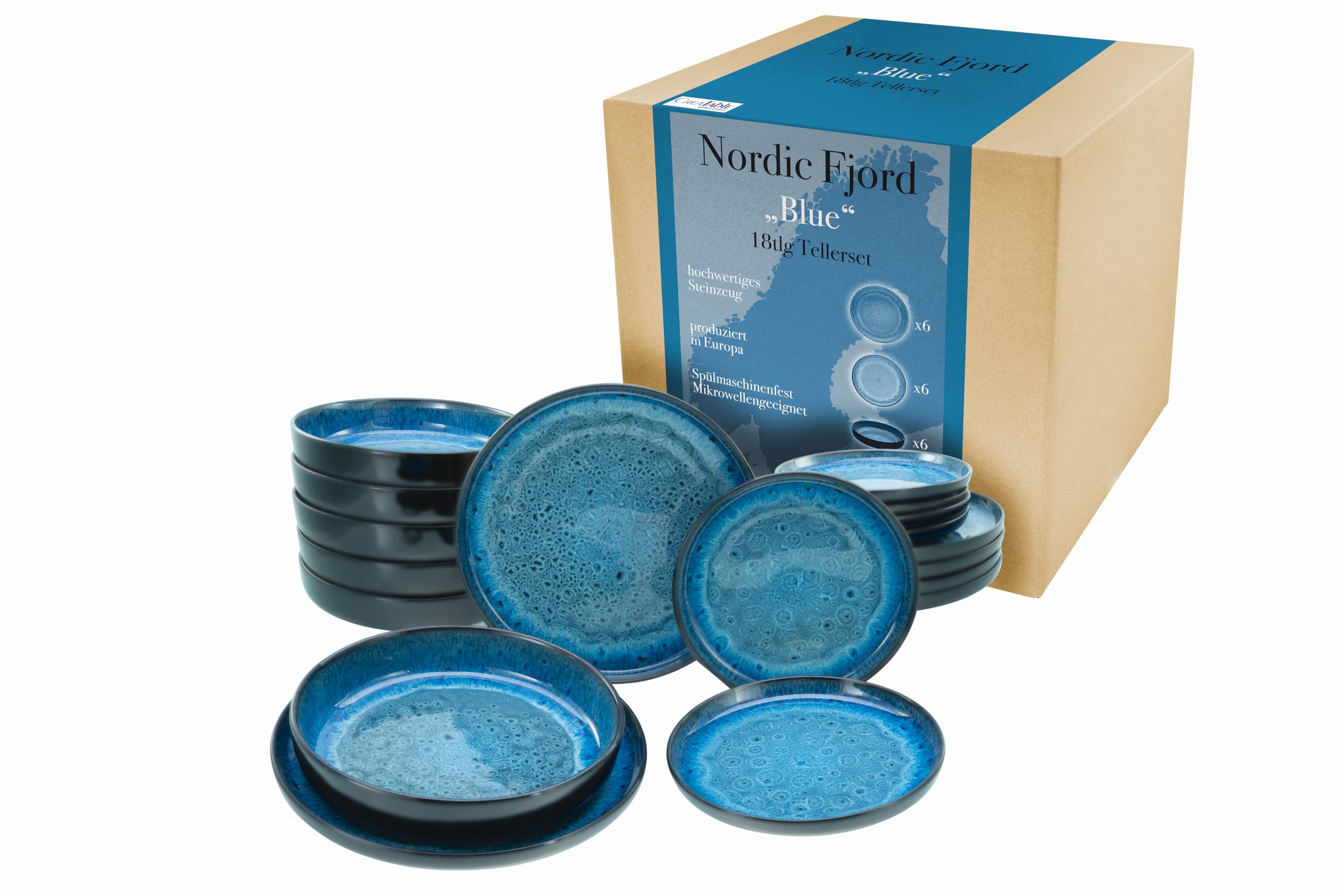 CreaTable, 21551, Série Nordic Fjord Blue, service de vaisselle 18 pièces, set d'assiettes en grès.
