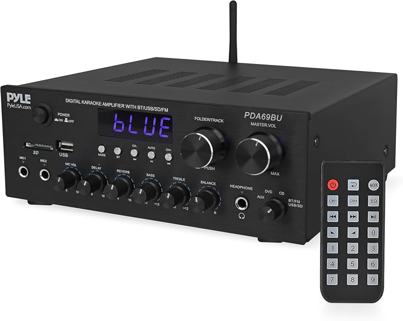 Pyle Home Karaoke amplificador receptor con transmisión Bluetooth, pico de 200 vatios, entradas de micrófono duales con retardo y reverberación, sistema de sonido Hi Fi de 2.0 canales, entrada USB-A con reproductor de MP3, entradas RCA/Aux - PDA69BU