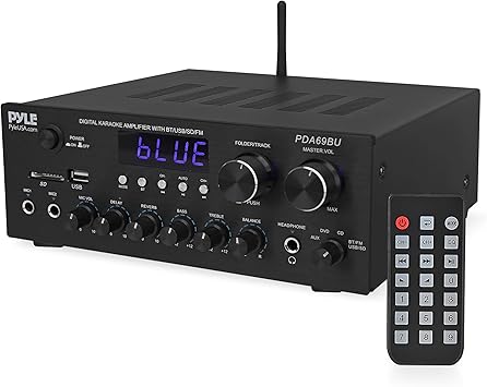 Pyle Home Karaoke Amplifier Receiver with Bluetooth Streaming, 200 Watt Peak, Dual Mic Inputs with Delay and Reverb, 2.0 Channel Hi Fi Sound System, USB-A Input w MP3 Player, RCA/Aux Inputs - PDA69BU
