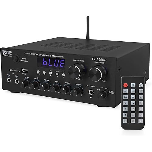Pyle Stereo Amplifier Audio Receiver with Bluetooth Streaming, 200 Watt Peak, 2.0 Channel HiFi Sound System with MP3/USB/SD/FM Radio, RCA/Aux Inputs, Mic and Headphone Jacks, Rotary Vol Bass Treble