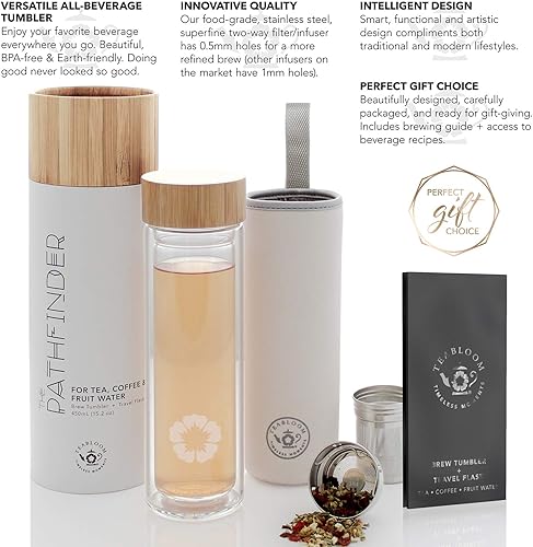 Miniatura 4 de Teabloom All-Beverage Tumbler – 15 oz / 450 ml – Tempered Glass Travel Bottle – Hot and Cold Tea Infuser – Cold-Brew Coffee – Fruit-Infused Water –