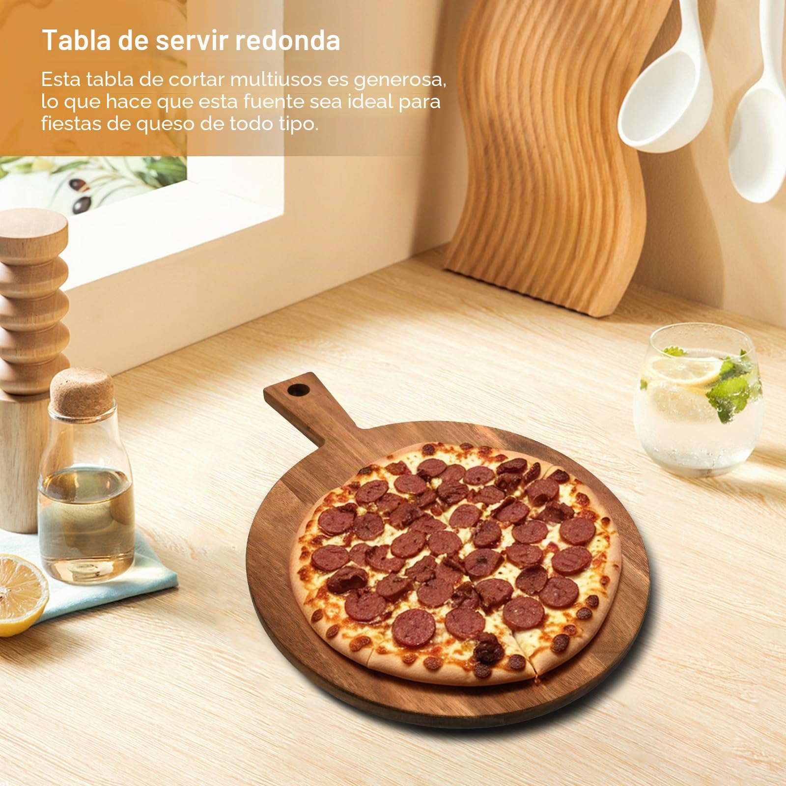 Tabla de pizza de madera de acacia redonda con asa, 30 x 40 x 1,5 cm, para sashimi, bistec y tartas
