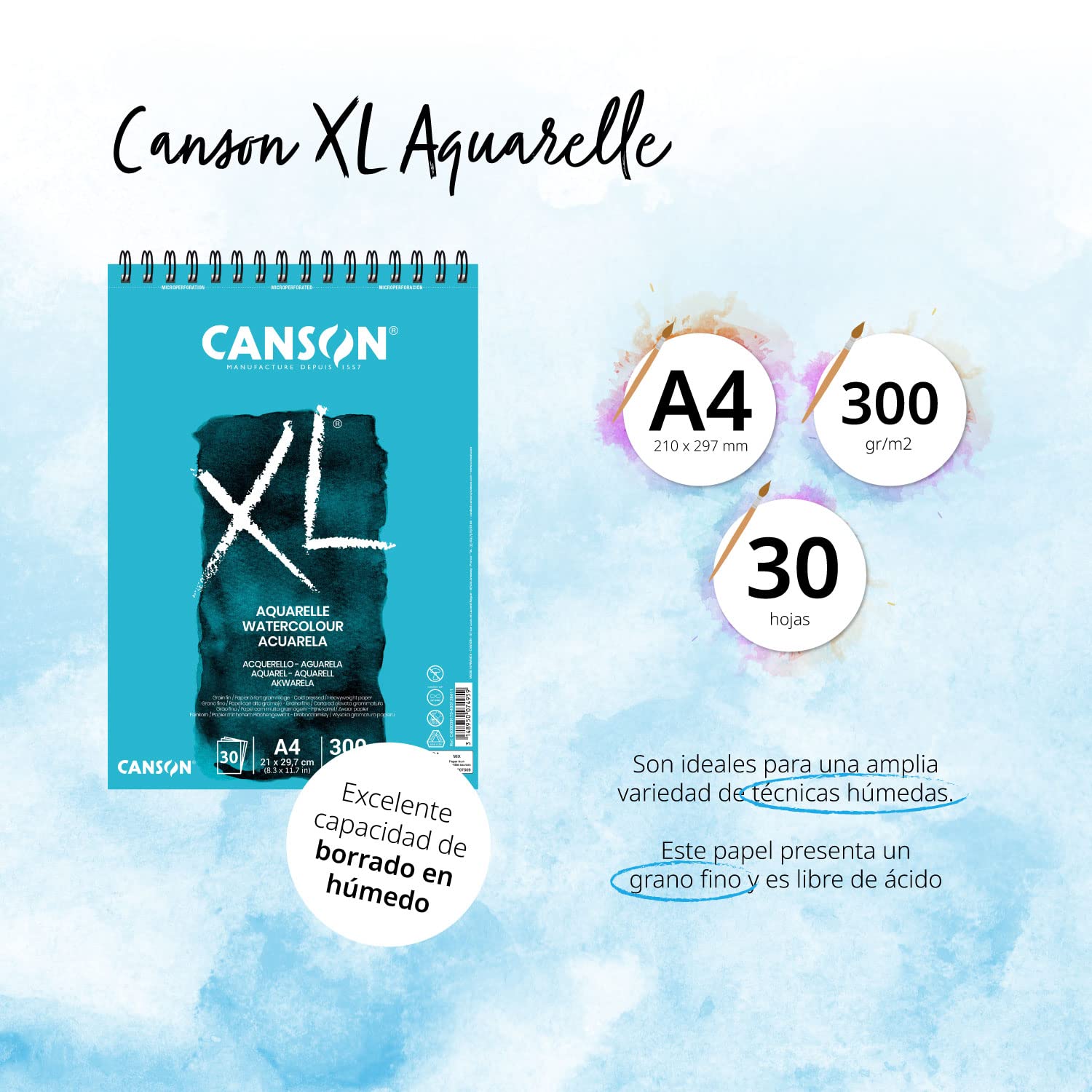 Pack Bloc Canson XL Aquarelle A4 con 30 Hojas, Acuarelas 12 Aquafine Travel Set Daler Rowney y 3 Pinceles Redondos. Set Completo de Acuarela Profesional para Todas las Edades - Ofituria