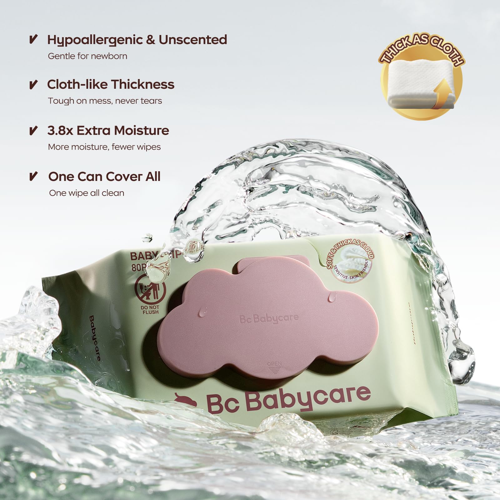 Bc Babycare Cloud Moist Toallitas húmedas para bebé, gruesas y XL, 99% de agua, ultra hidratantes, sin perfume, hipoalergénicas para pieles sensibles, biodegradables, 6 tapas abatibles, 480 unidades