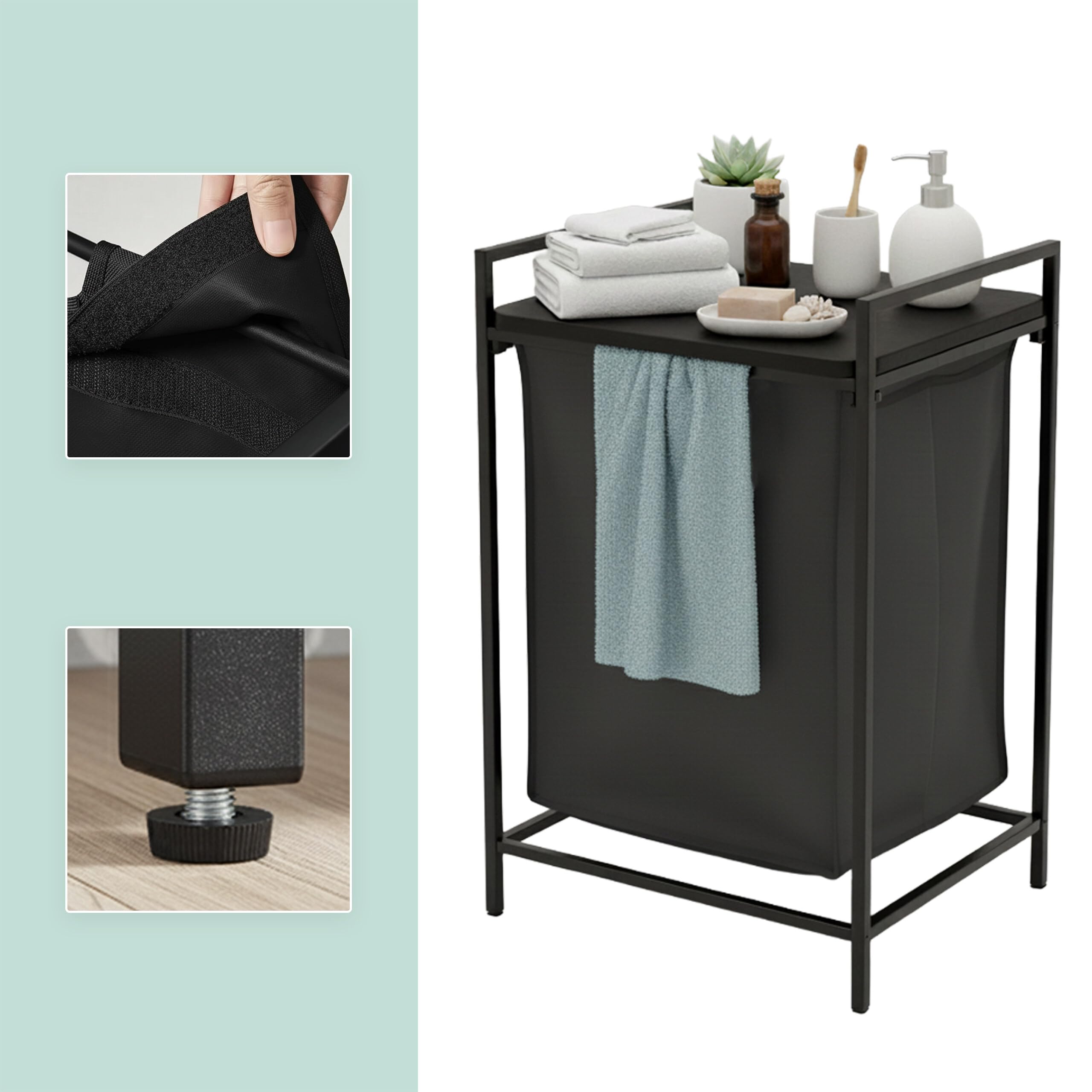 Relaxdays Cesto portátil de Ropa con Estante y Bolsa extraíble, 72x50x33 cm, Capacidad 65 l, Negro