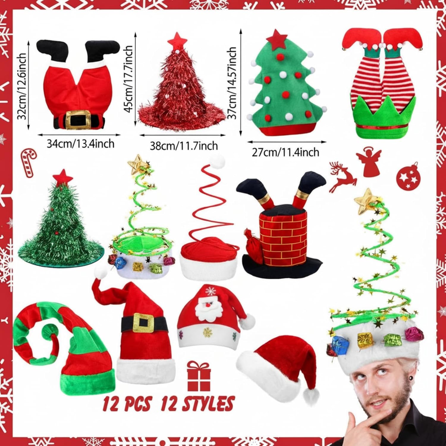 Suhine 12 Pcs Christmas Hats Unisex Santa Pants Hats Xmas Funny Favors Long Striped Santa Chimney Tree Tinsel Costume Accessories for Women Men Party Supply