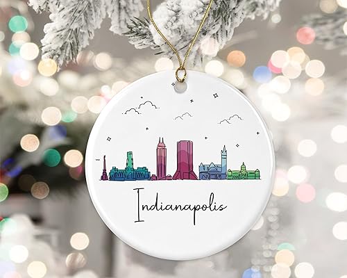 Adorno de la ciudad de Indianápolis, adorno de Navidad de la ciudad de Indianápolis, adorno de Navidad de puntos de interés, gráfico colorido del