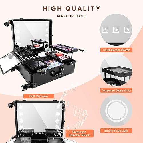 Miniatura 3 de Caja de aluminio del tren del maquillaje de la carretilla con la luz LED cosmética profesional 24 '' maquillaje organizador estudio, Negro -, Moda