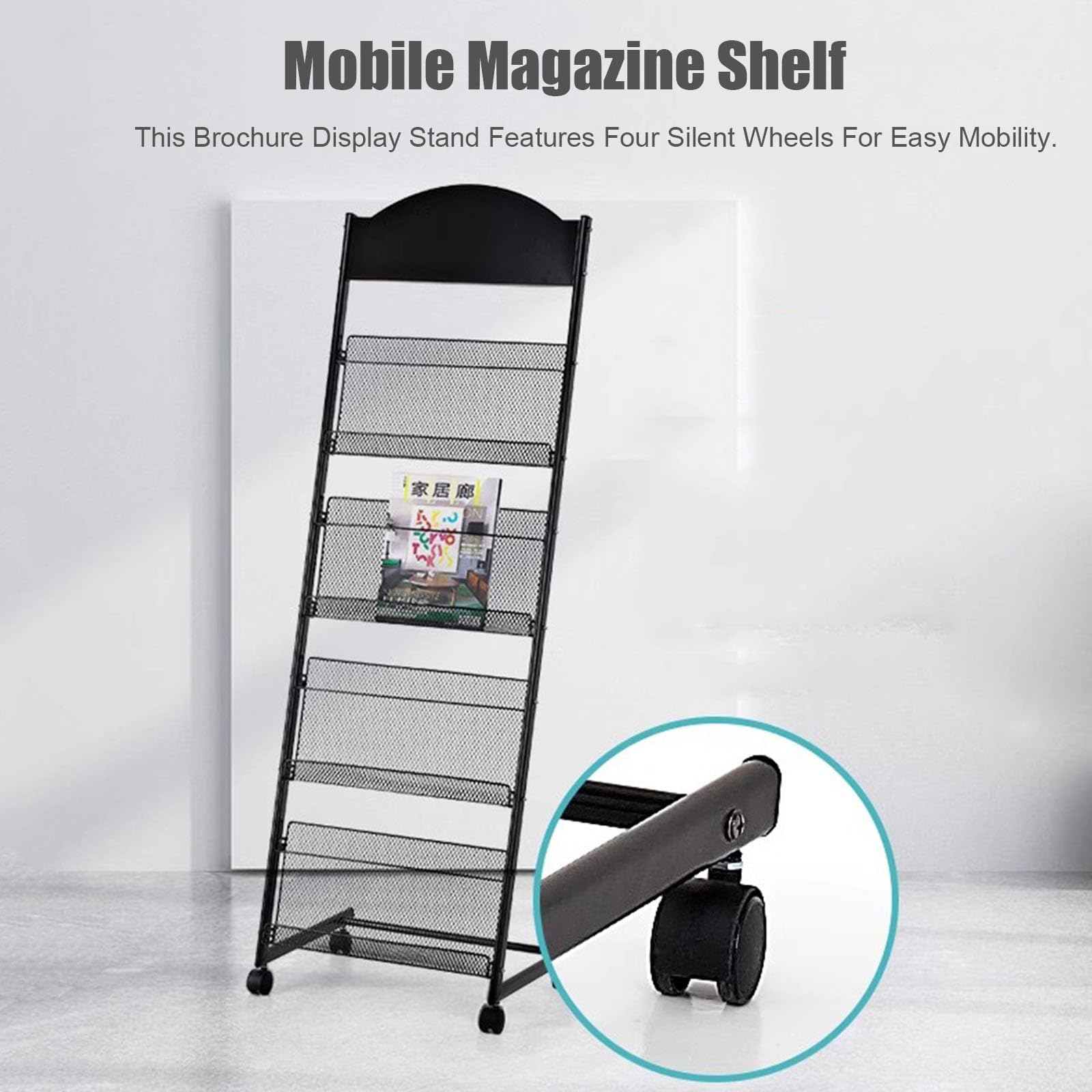 Portariviste da Pavimento per giornali, Portadocumenti in Ferro Nero a 4 Strati, espositore per Libri con 4 Ruote universali,70x146cm