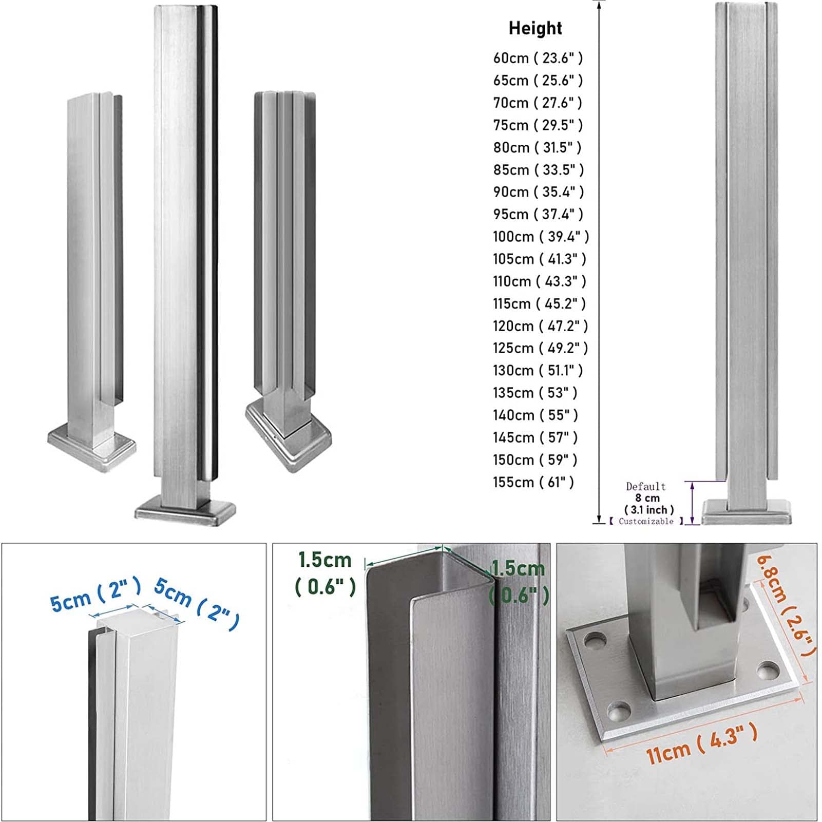 Generisch Runder, silberner Geländerpfosten für Veranda, Garten, Balkon, Terrasse und Deck – 155 cm hohe Zaunsäule aus Acryl/Glas, langlebige und stilvolle Treppenhausstütze
