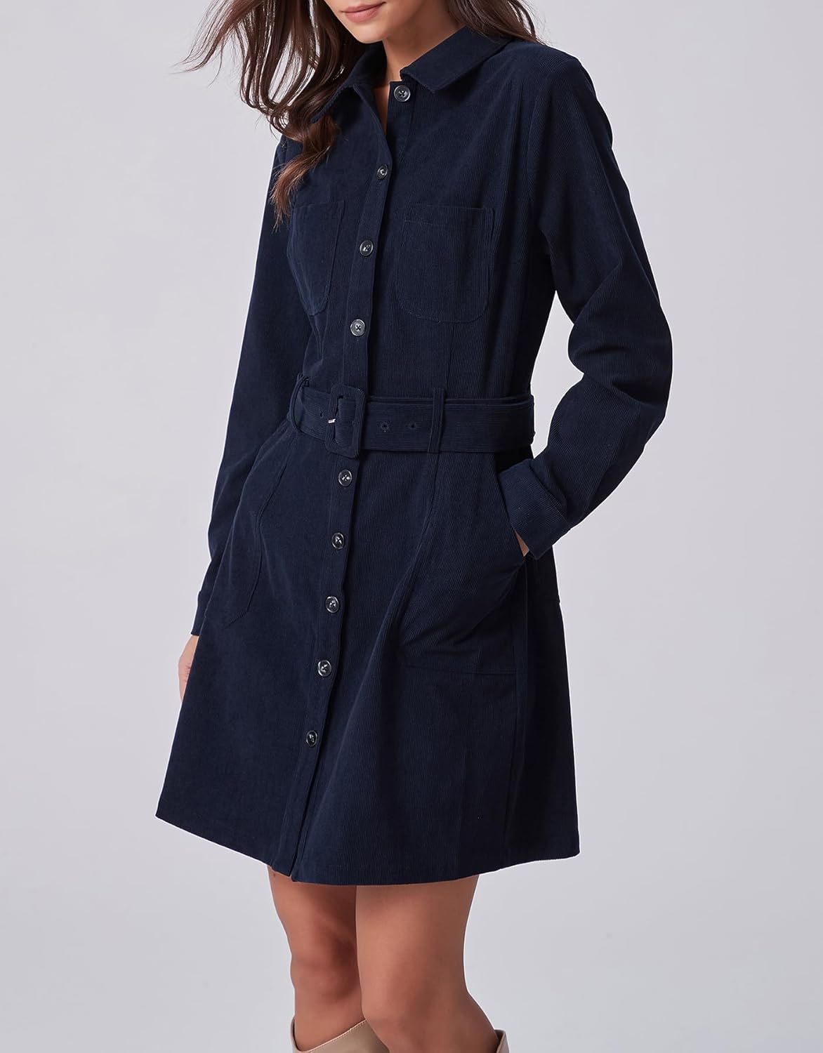 Kedera Women's Corduroy Shirt Dress Casual Fall Winter Collared Neck Button Down Short Work Mini Dresses with Belt - Image 5