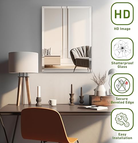 Miniatura 3 de FARMER Espejo rectangular sin marco, espejo rectangular de 16 x 24 pulgadas con borde biselado de 1 pulgada, espejo de baño biselado para pared,