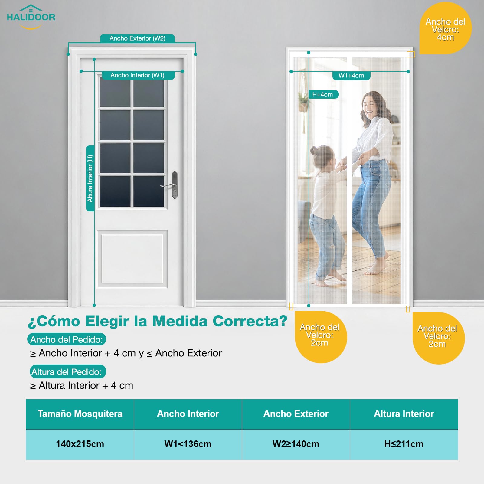 HALIDOOR Mosquitera Puerta Magnética 140x215 cm Blanco, cortina mosquitera con imanes, Cierre Automático sin Taladrar, Malla Fina, Poliéster Resistente para Puerta Exterior, Balcón, Salón y Entrada — view 4