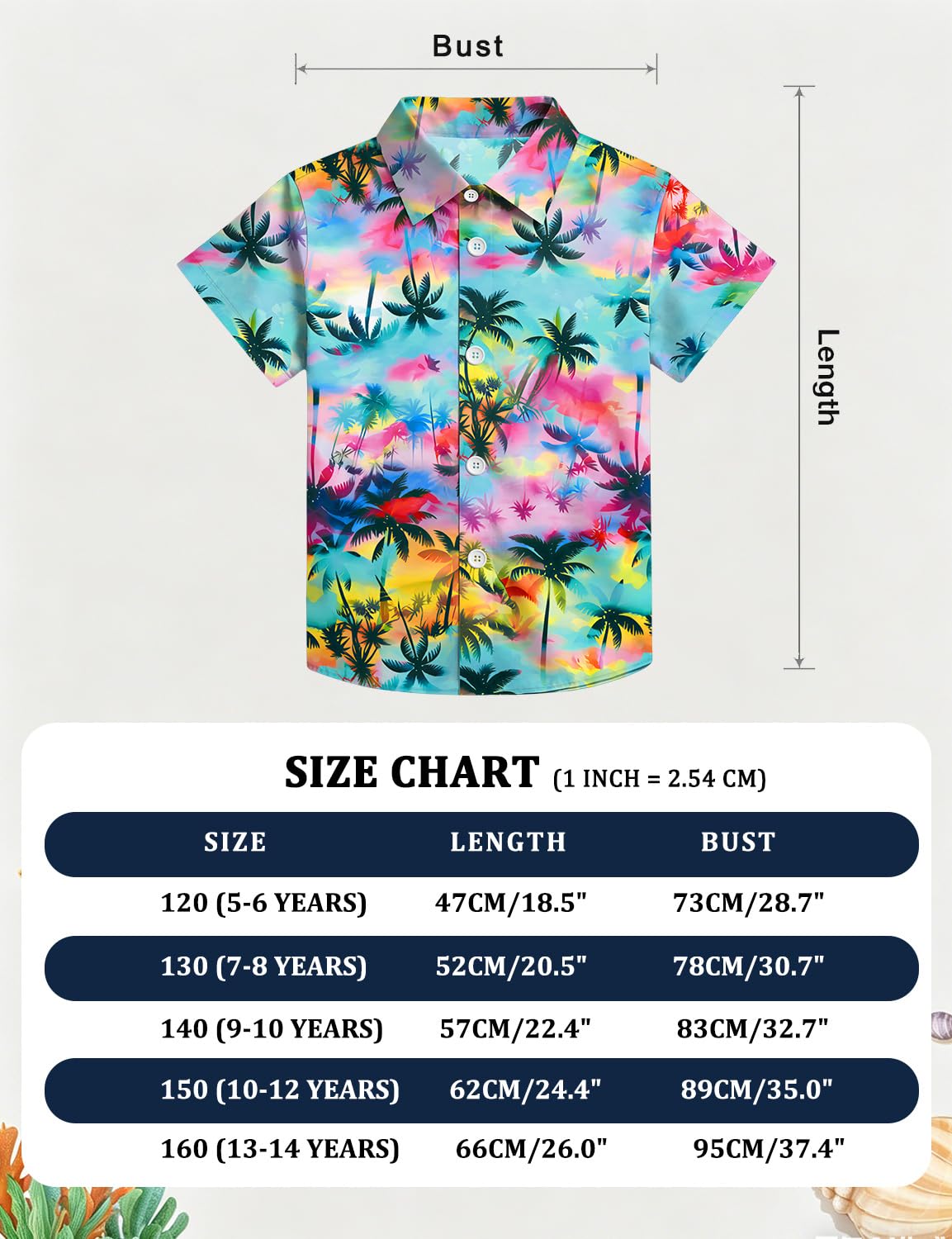 tiorhooe Camicia hawaiana per bambini, con bottoni, per estate, spiaggia, vacanze, maglietta a maniche corte, 5-14 anni