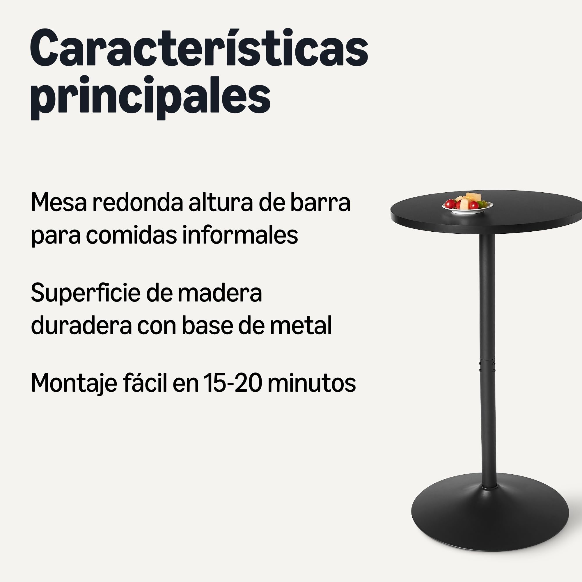 Amazon Basics, Mesa de Bar, Mesa de Desayuno, Mesa de Bistró, Redonda, para Interiores, 59,9 x 59,9 x 106,4cm, Negra