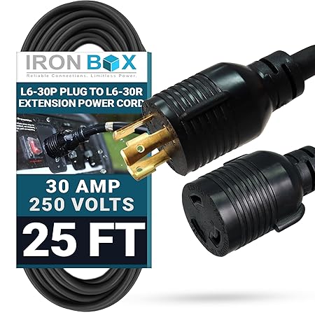 25 Foot L6-30P to L6-30R Extension Power Cord 30 Amps 250V - UL Listed