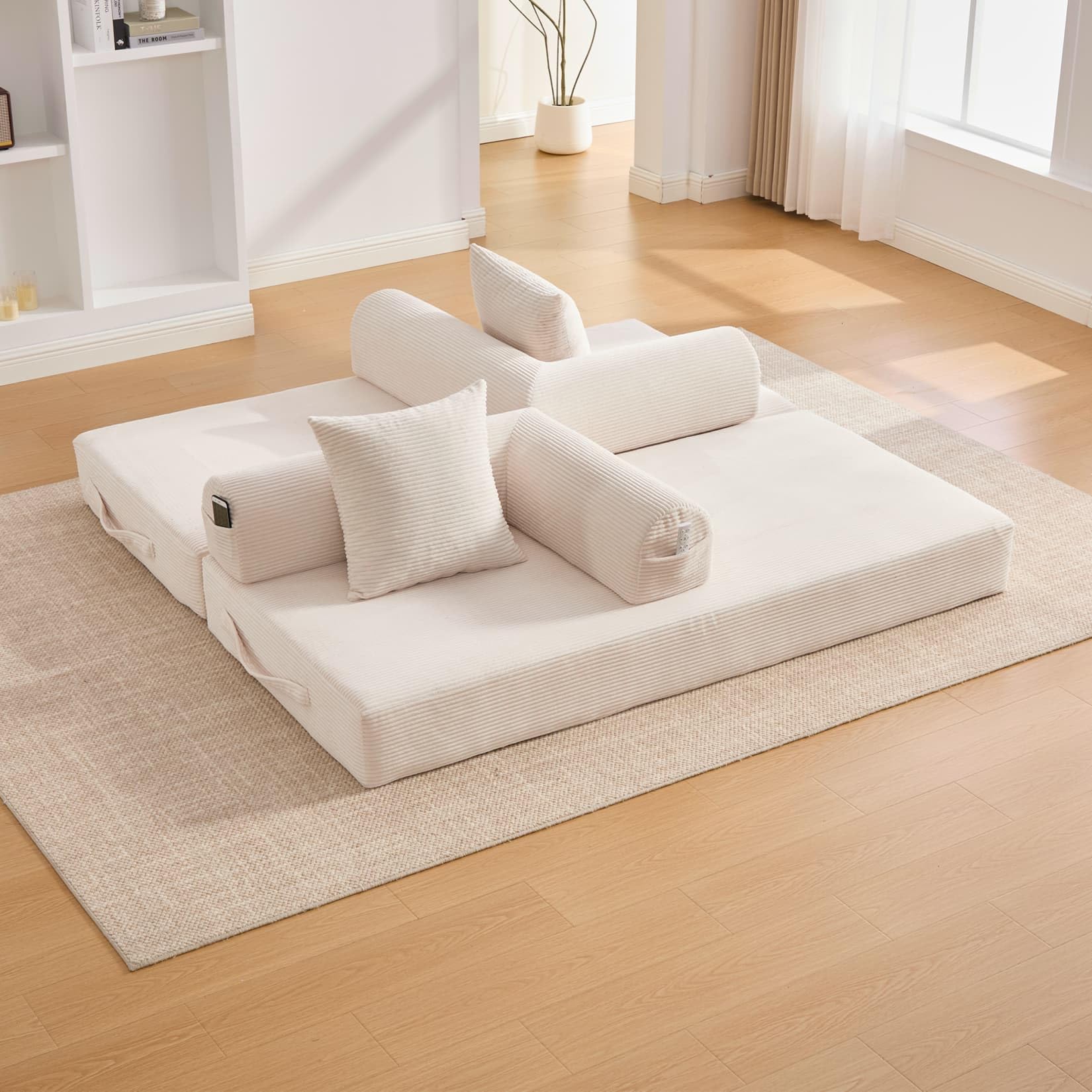 Canapé 2 Places en Velours côtelé,Canapé Lit Convertible Multifonctionnel Moderne,Poches Latérales et 3 Coussins,DIY Libre,pour Salon,Chambre,Bureau (Beige-L)