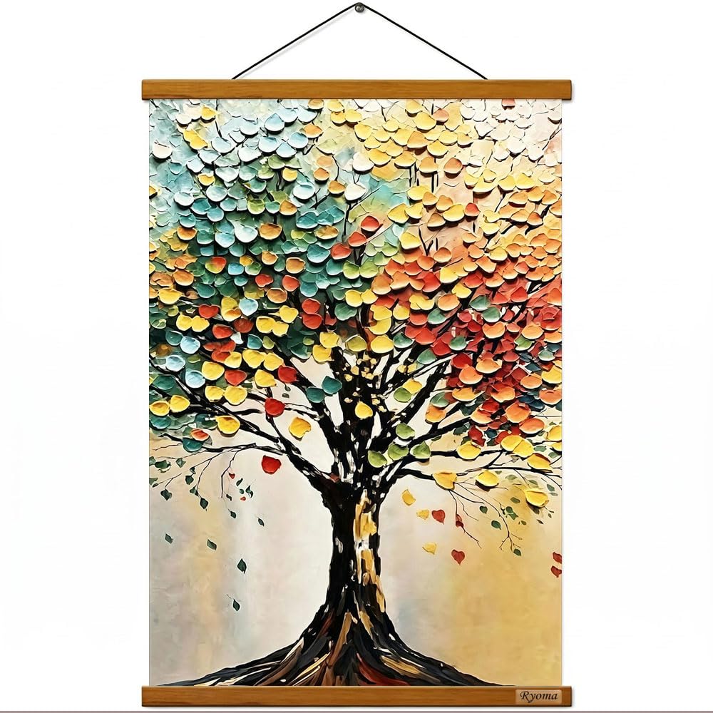 Ryoma Tree of Life Scroll Canvas Wall Art,Wooden Scroll Hanging Painting, HD Watercolor Print Canvas Wall Decor 16x24in (Autumn Color)