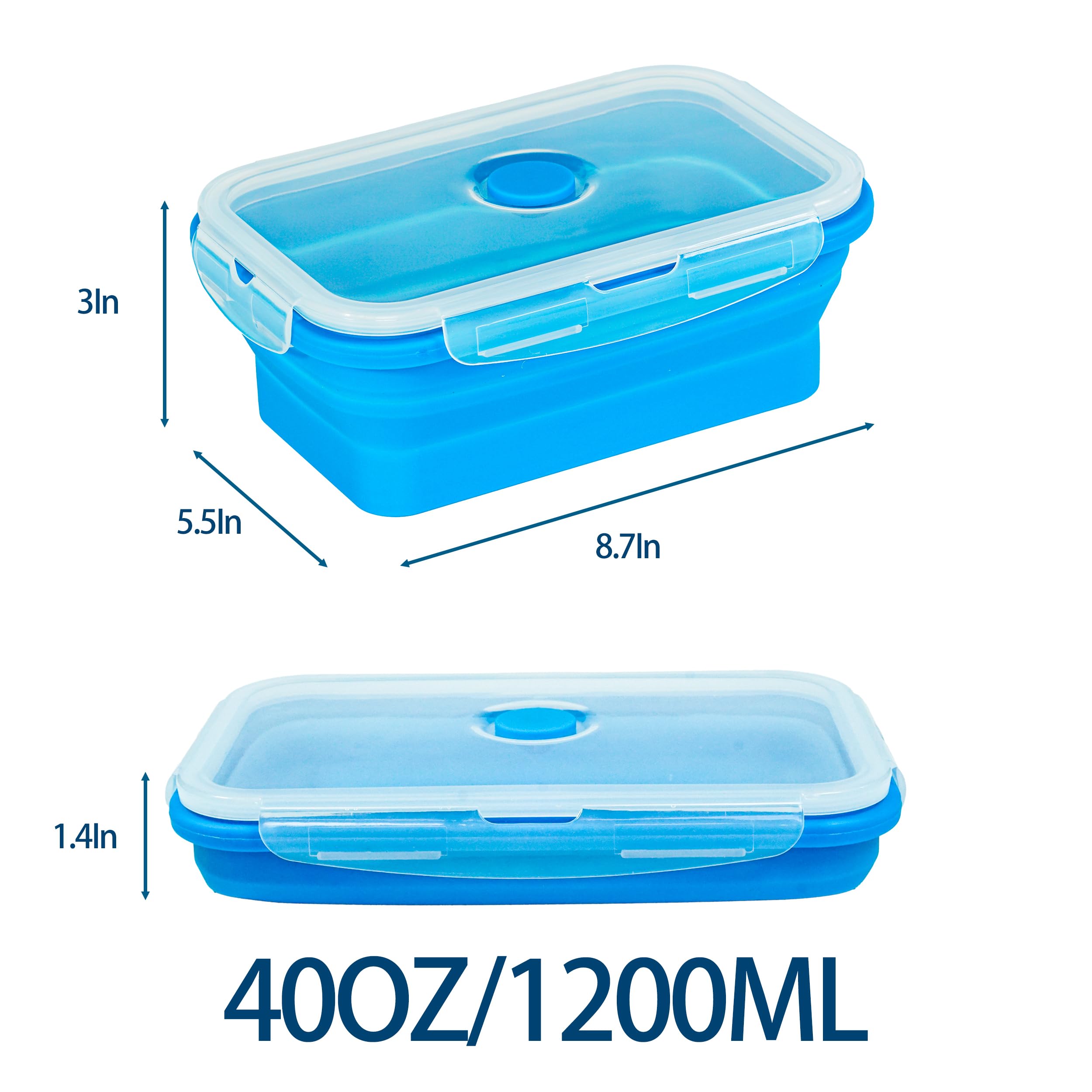 Set mit 4 faltbaren Silikon-Frischhaltedosen, Küchenreste, Brotdose und Obstbox, faltbares Design, platzsparend, BPA-frei, mikrowellen-, spülmaschinen- und kühlschrankgeeignet, Blau, 1,2 l