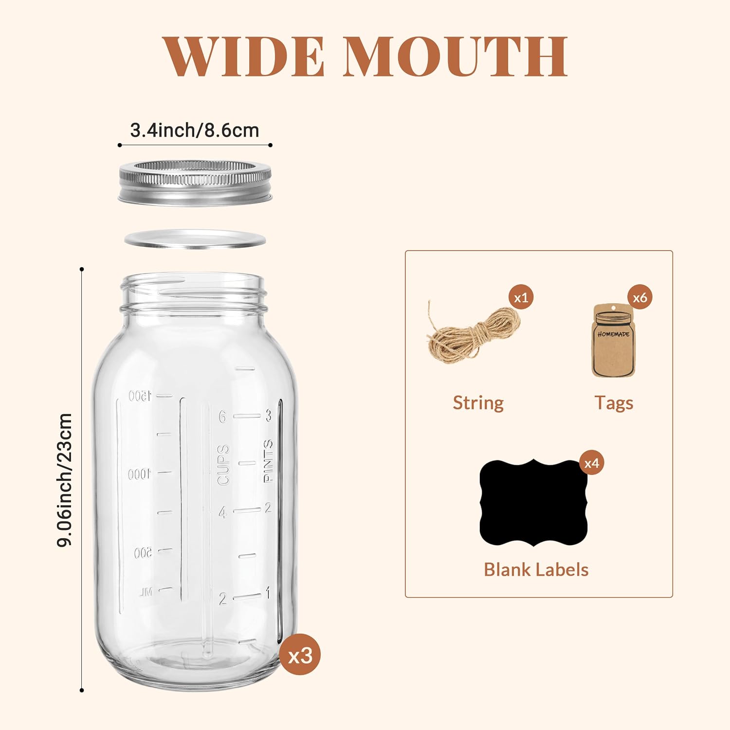 CycleMore Wide Mouth Jars 64 oz, 3 Pack Glass Mason Jar with Airtight Lids