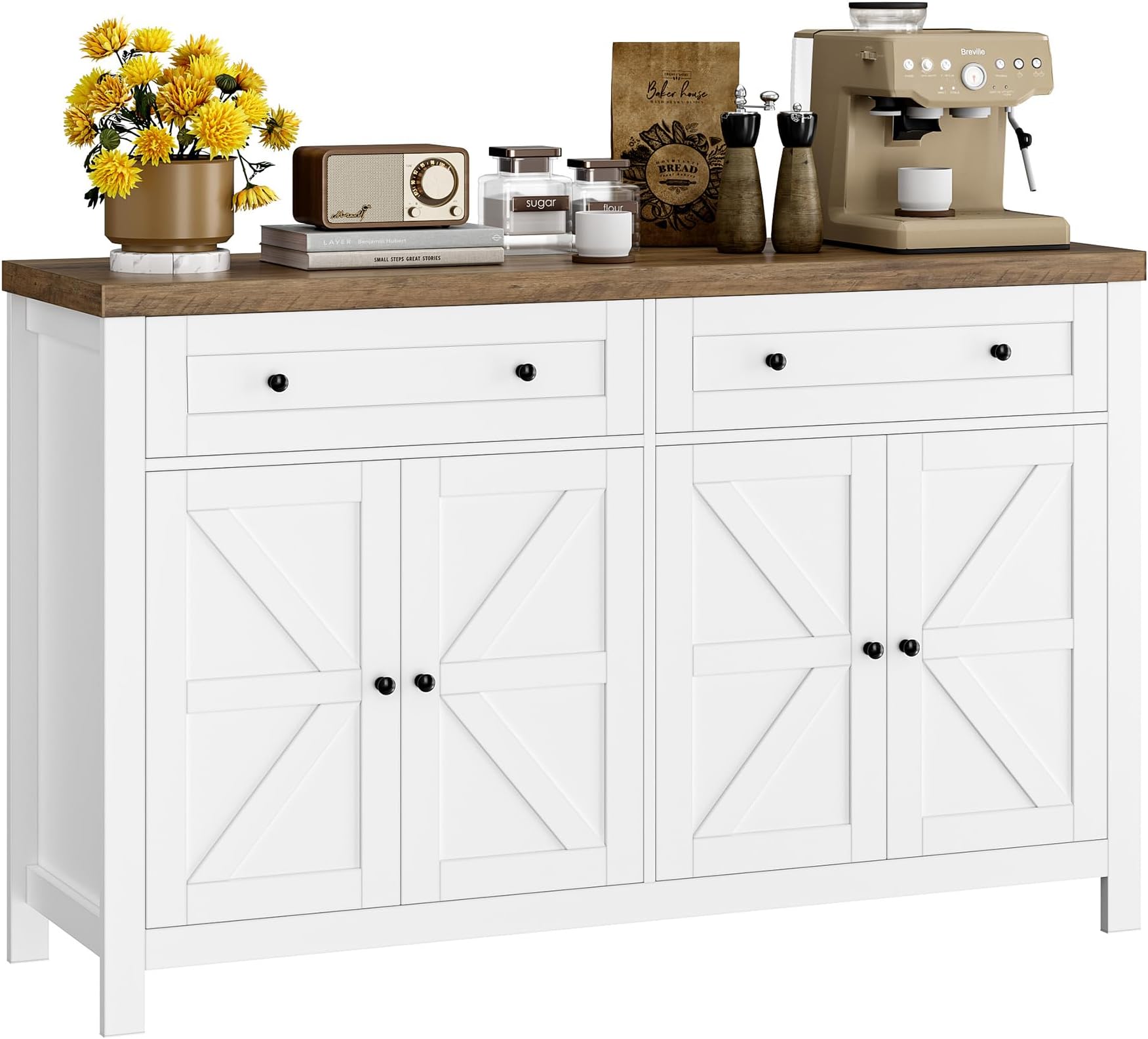 HOSTACK 55" Buffet Sideboard Cabinet with Storage, Modern Farmhouse Coffee Bar with Drawers and Shelves, Barn Doors Storage Cabinet for Kitchen, Living Room, White