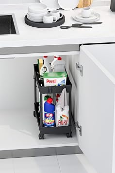 Siyah 2 Katlı Tekerlekli Düzenleyici Mutfak ve Banyo Rafı