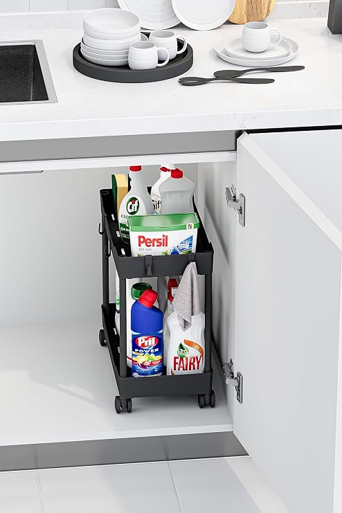 Siyah 2 Katlı Tekerlekli Düzenleyici Mutfak ve Banyo Rafı