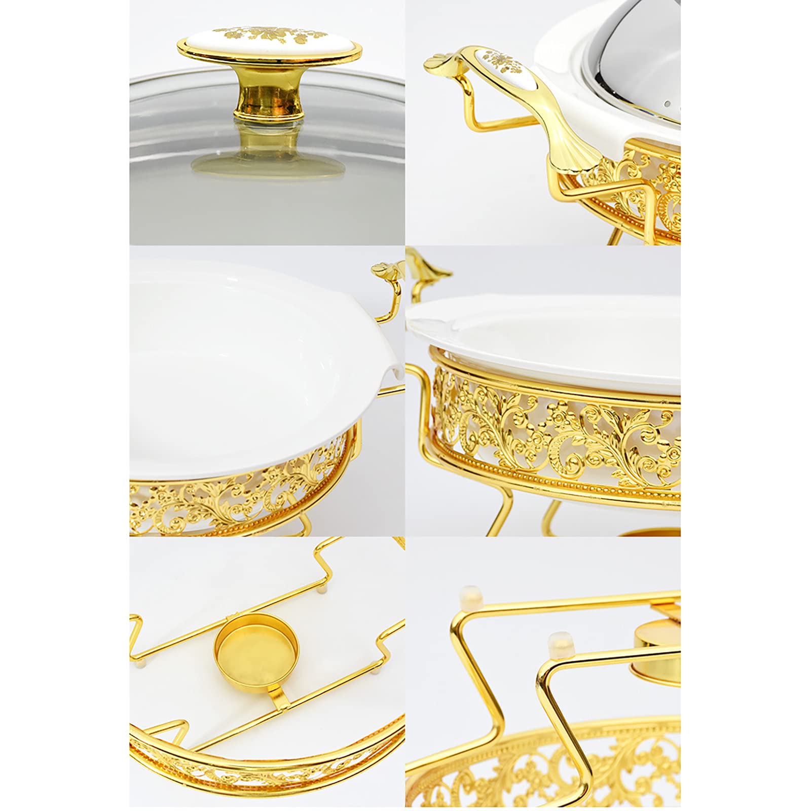 Set da Buffet con Scaldavivande Motivo Dorato, Chafer Rotondo in Acciaio Inossidabile con Coperchio per Matrimoni a Buffet Feste Banchetti Catering Eventi, Set Chafer e Scalda Buffet,32cm