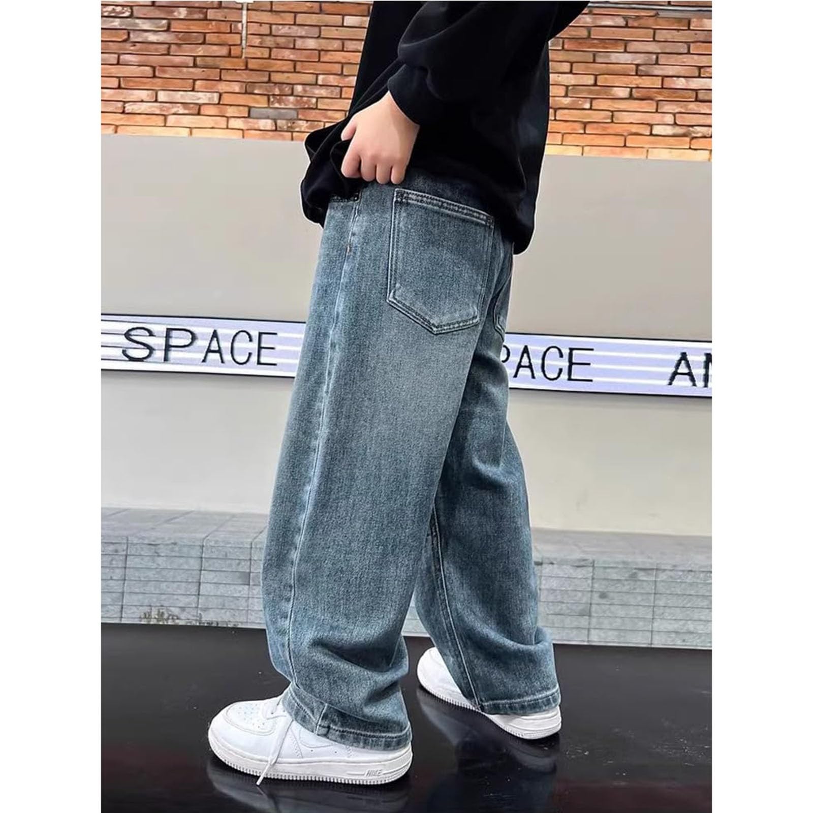 Teen Boys Baggy Jeans Kids Wide Leg Denim Pants Loose Elastic Waist Streetwear Trousers with Pocket Preppy Clothes - 5