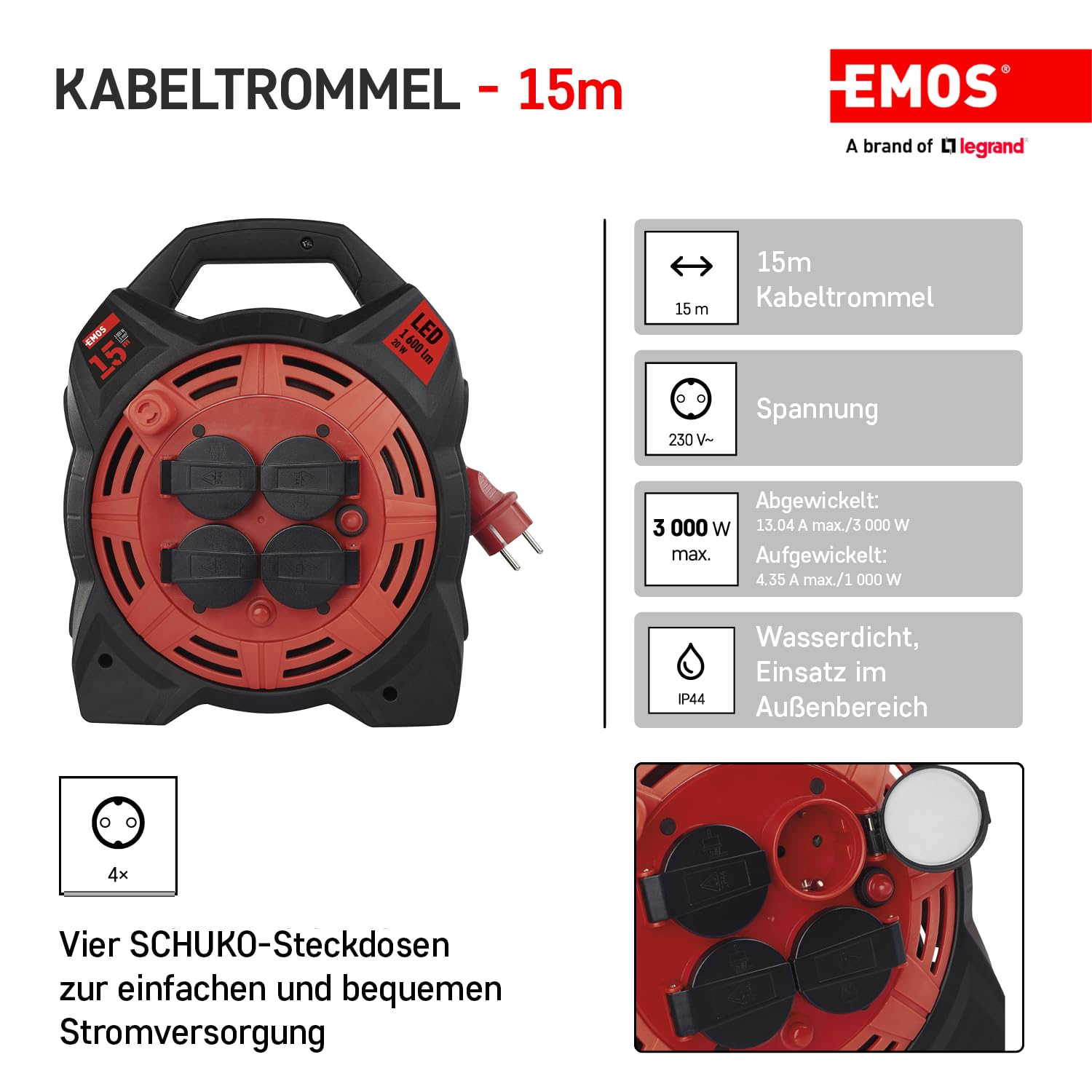 EMOS - Kabeltrommel 15m mit LED-Strahler - 4 Schuko-Steckdosen - wasserdicht, schlagfest, hitze- & kältebeständig - 230 V, 13 A, 3000 W - H07RN-F3G 1,5 mm2 - IP44 für Außenbereich