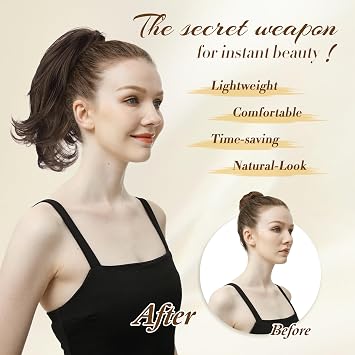 FESHFEN Claw Clip Short Ponytail Extensions - DIY Bendable Metals Fluffy Messy Bun Hair Piece Straight Synthetic Hairpieces Ponytail Extension for Women, Off Black