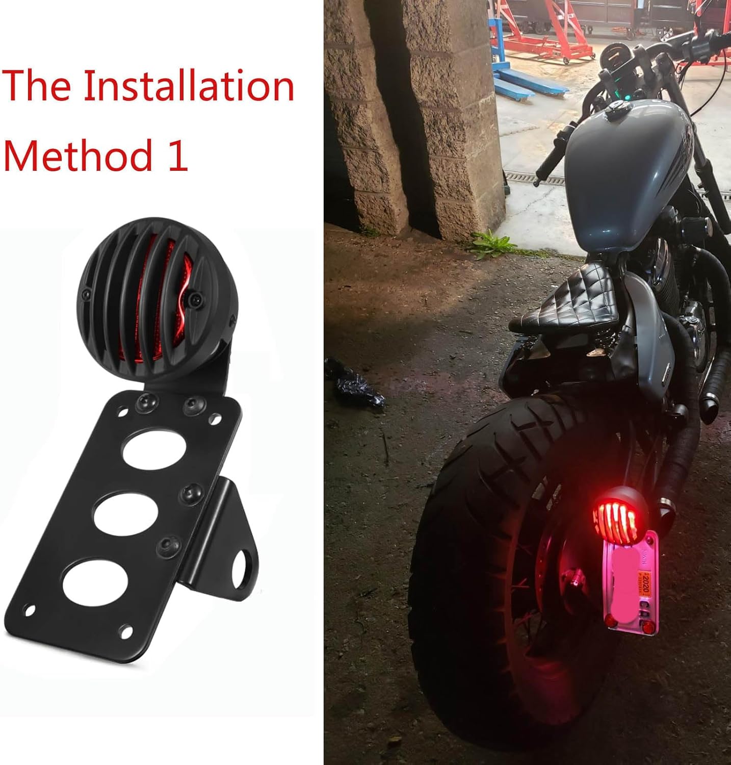12V Led Red Motorcycle Side Mount Tail Light with Black License Plate Bracket, Brake Light, Stop Running Light, Indicator Light for Locomotive Bobber Chopper Suzuki Yamaha (1 Pack)