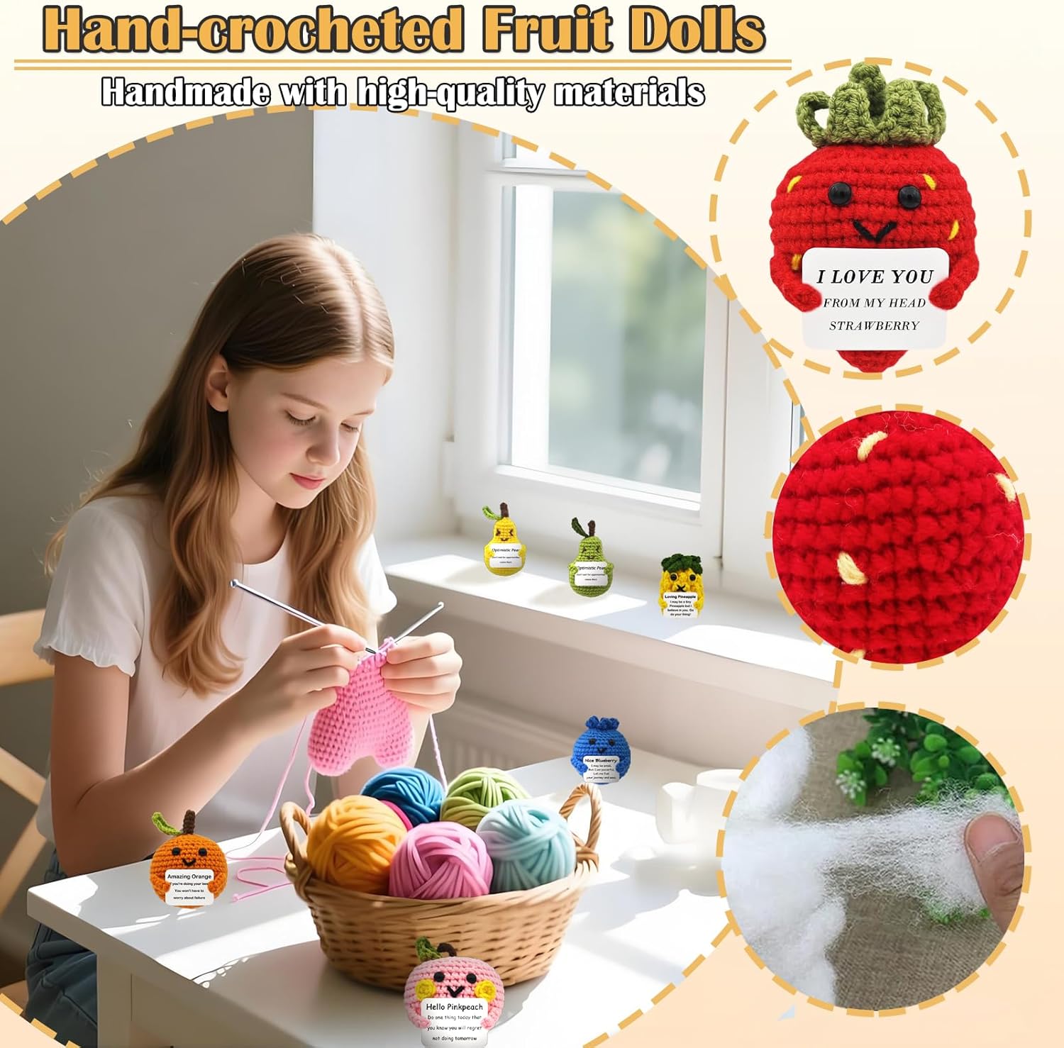 13Pcs Positive Crochet Fruits Strawberry Avocado Doll - Valentines Birthday Bulk Gifts Cheer Up for Women, Girls, Mom, Girlfriend Handmade Desk Home Decor Inspirational Support Coworker Teen - Image 4