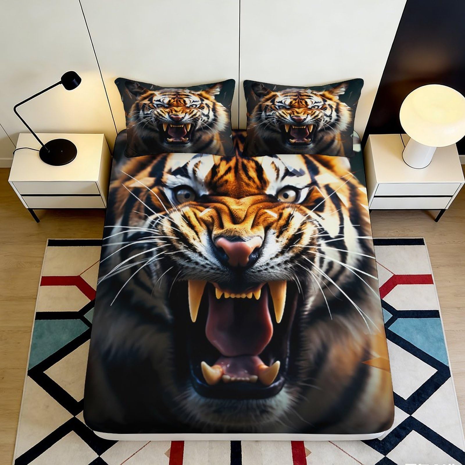3D Printed Roaring Tiger Fitted Sheet Microfiber Soft Non-slip Jungle Animal Bed Cover Bedroom Dorm Decor 90x200x25cm