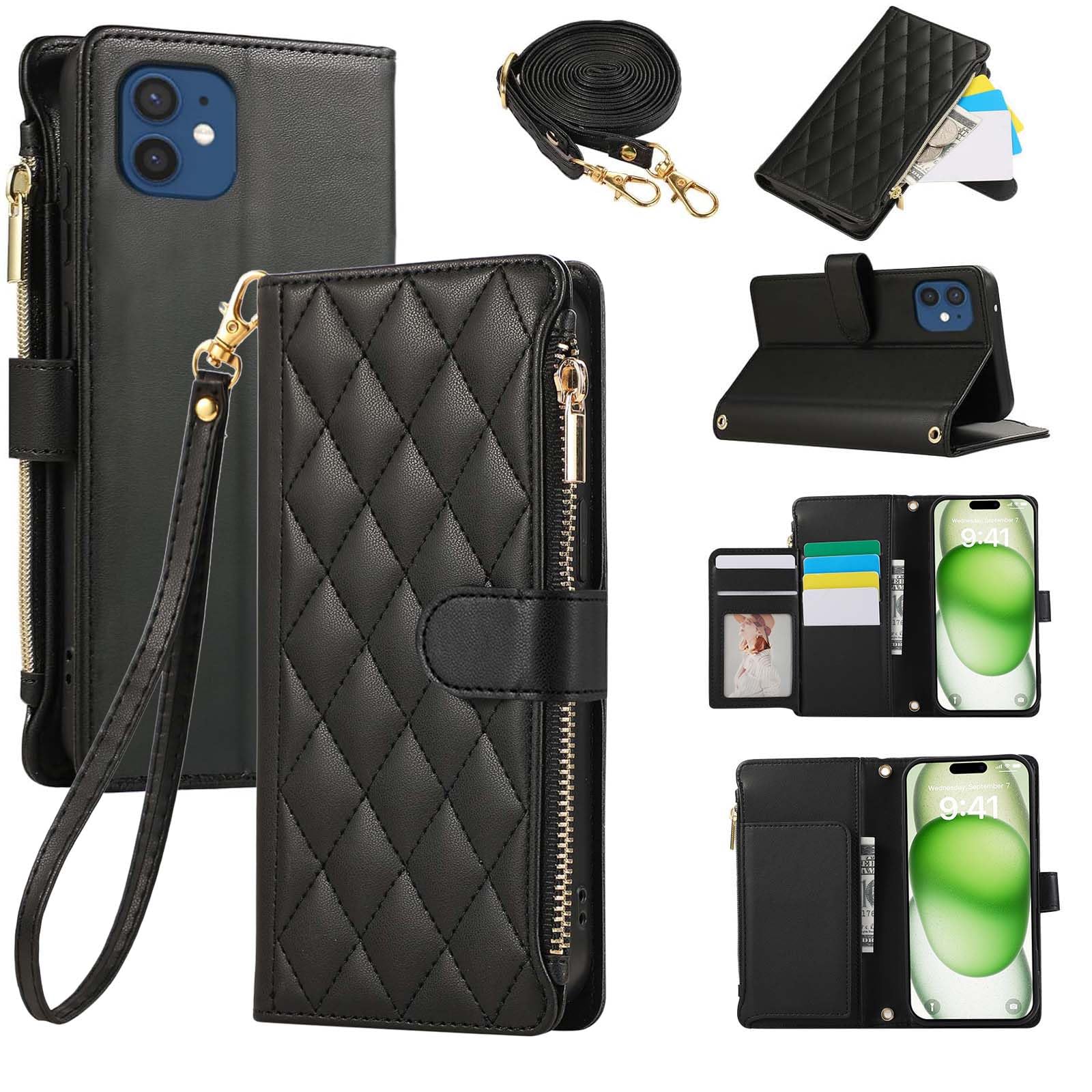 For iPhone 12/12 Pro 用 ケース 手帳型 いphone12 pro ケース ショルダー 対応 iPhone12 カバー 手帳型 ひし形柄 適用 スマホケース iPhone 12 手帳型 人気 女性 肩掛け カード収納 ジップ付き財布 横向きスタンド機能 RFIDブロッキング シンプル お洒落 携帯カバー (ブラック)
