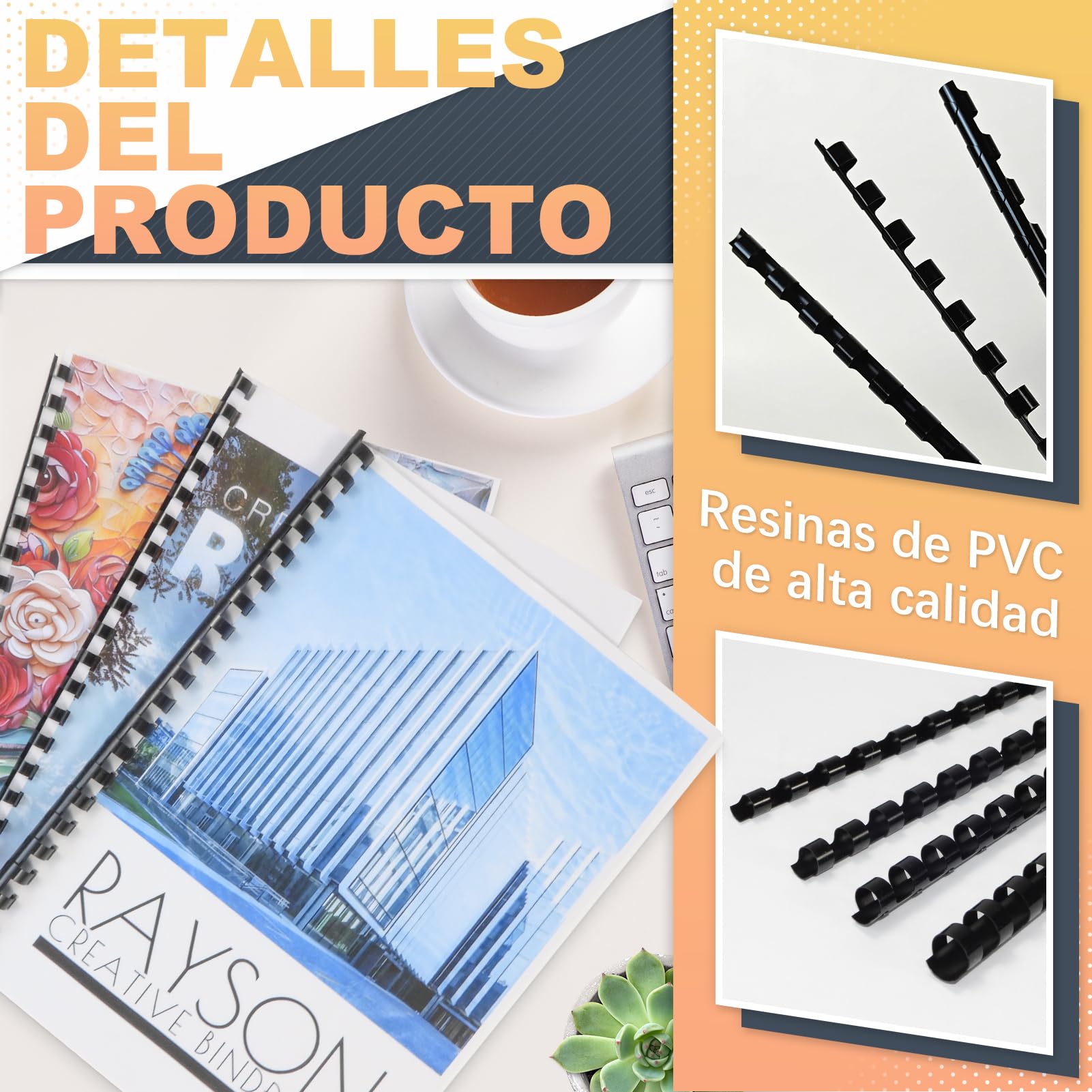 RAYSON Canutillos encuadernar de plástico, Multitamaño, 21 anillas, Capacidad de encuadernación de 20-90 hojas, 6mm 8mm 10mm 12mm, A4, Negro, paquete de 100