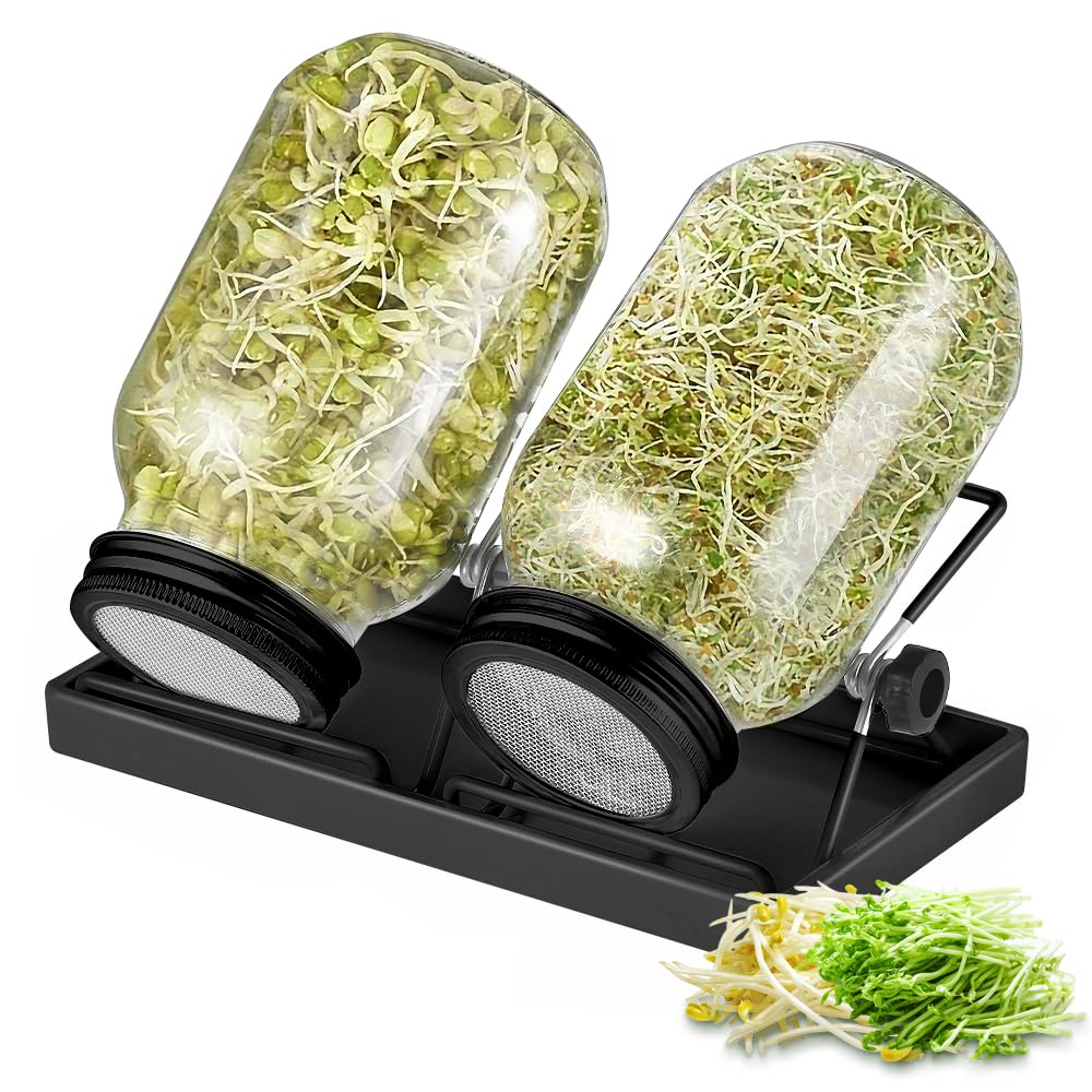 ecooe Sprossen Keimglas 2er Set keimgläser für Sprossenglas Sprouting jar mit 1 Wasserschale 2 Filtergitterabdeckungen aus Edelstahl 304 und 2 Ständer