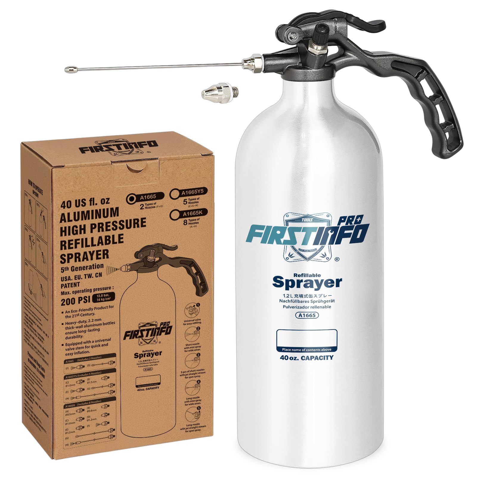 FIRSTINFO Vaporisateur Rechargeable pour Nettoyant Freins 1,2 L Aluminium pour Solvants et Dégraissants avec Buse Brumisateur Courte et Jet Long, Vaporisateur sous Pression Réutilisable, A1665