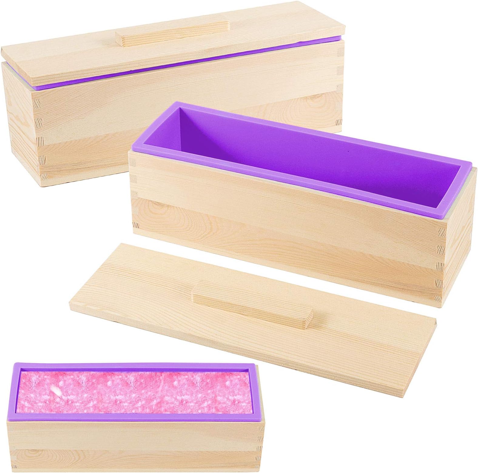 HAKZEON 3 Packs 42oz Silicone Soap Molds, Rectangular Soap Mold kit with Wooden Box and Covers, Flexible DIY Mold kit Supplies for Soap Making, Purple