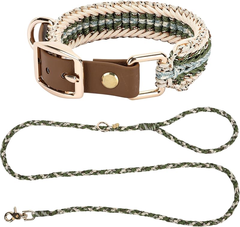 Coleira de Pinos com Guia para Cães, Conjunto Trançado Ajustável com Fivela Reforçada, Verde, Tamanho S